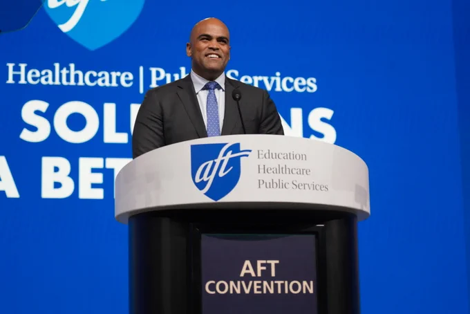 A picture of Congressman Allred speaking at the AFT Union convention in Houston, Texas.