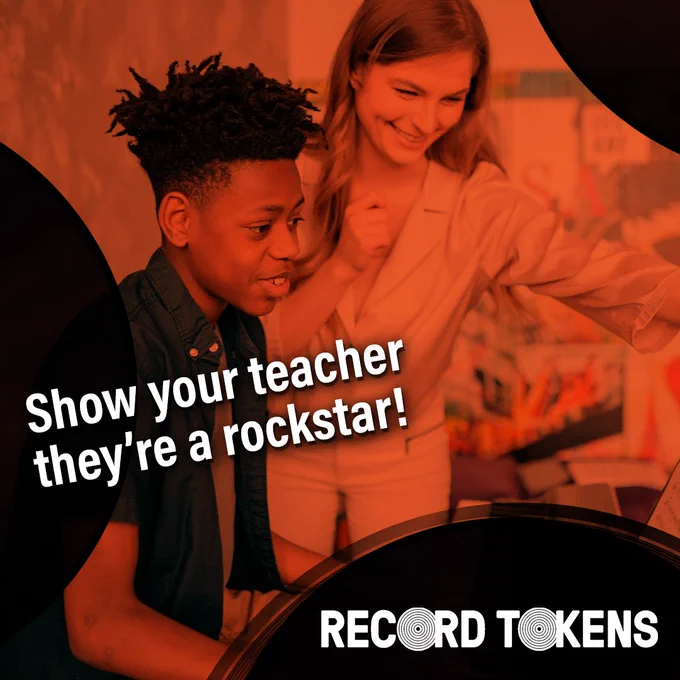 An image of a young boy playing piano, with his teacher nearby, smiling and observing his work. The image has a warm orange overlay. On the left hand side of the image, white text reads: Show your teacher they're a rockstar! In the bottom right hand corner, the Record Tokens logo is situated. 