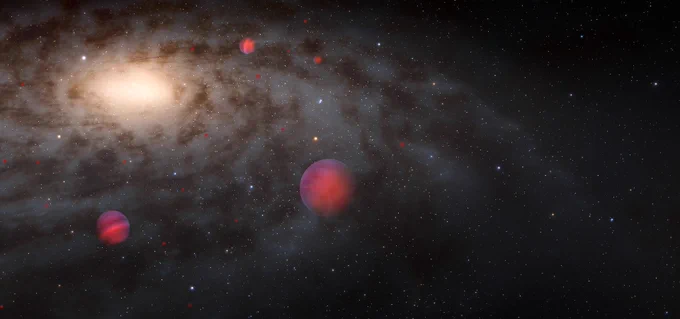 An illustration of many faint brown dwarf stars surrounding a galaxy. The galaxy occupies most of the image as a fuzzy oval disk.