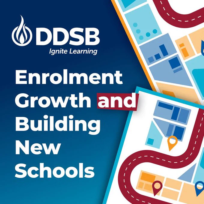 Draft design of a community with homes and streets.

Text:
Enrolment Growth and Building New Schools