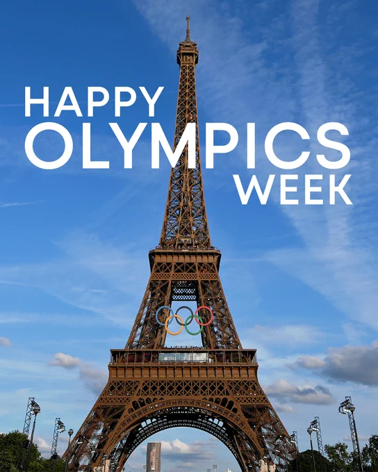 A graphic featuring a photo of the Eiffel Tower with the Olympics rings with the text "Happy Olympics Week".