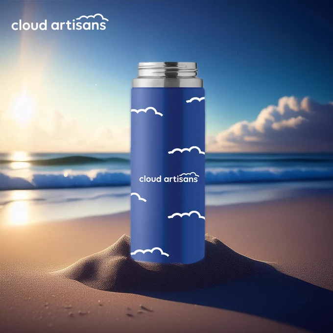 Graphic of a seaside background with the sun setting, a white cloud artisans logo in the top left hand corner and a large blue Cloud Artisans's branded bottle sitting in the sand. 