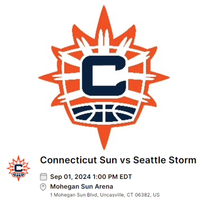 Connecticut Sun vs Seattle Storm Sept 1, 2024 at 1 pm. Mohegan Sun Area
