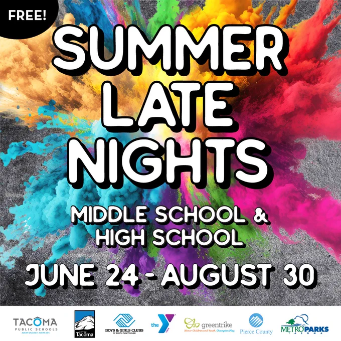 Colorful promotional poster for "Summer Late Nights," a free event series for middle and high school students running from June 24 to August 30, featuring vibrant paint splatters.