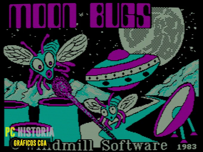 Windmill Software fue una compañía canadiense destacada en la historia temprana del PC. Cada lanzamiento era una apuesta segura. Nada más y nada menos que en 1983, Moon Bugs ofrecía una hazaña técnica al permitir a los propietarios de una CGA jugar en 16 colores. Sin embargo, las pantallas de título solían ser en CGA estándar. En este caso, para esta divertida ilustración, se utilizó la paleta 1-oscura de la CGA.