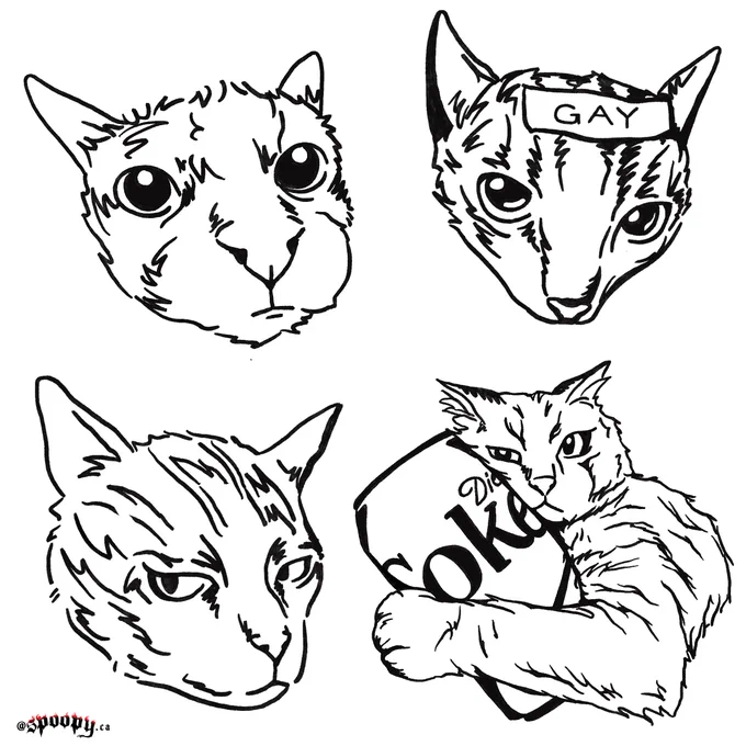 blackwork tattoo flash by spoopy including 4 silly cats. there is cat with chipmunk cheeks, gay cat, cat spooning diet coke and extremely unimpressed cat.