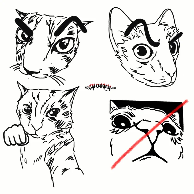 blackwork tattoo flash by spoopy. includes 4 silly/meme inspired cats: top row is s pensive and questioning cat with thick eyebrows x2, bottom row includes cat from a below angle looking confused and cat is winding up to throw a punch but the fist is more rendered like an emoji.