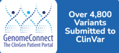 Graphic with GenomeConnect logo on a white background and text that reads "over 4,800 Variants Submitted to ClinVar" on a blue background. 