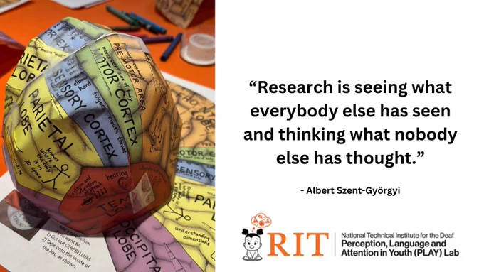 A paper brain lying on a table. Quote: Research is seeing what everybody else has seen and think what nobody else has thought. Albert Szent-Gyorgyi  Bottom: Graphic of a toddler with pigtails. RIT National Technical Institute for the Deaf Perception, Language, and Attention in Youth (PLAY) Lab. 