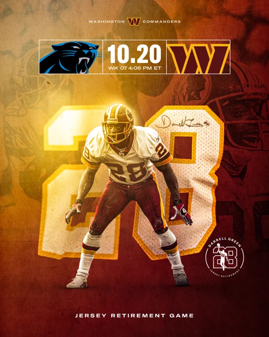 Graphic announcing Darrell Green’s jersey retirement game. In the center of the graphic is a cutout of Darrell Green. Behind him there is a large number 28. Above the cutout there are Panthers and Commanders logos, with the game details between them (10.20, Wk 07, 4:05 PM). On the top it says "WASHINGTON COMMANDERS" with a Commanders logo between the two words.