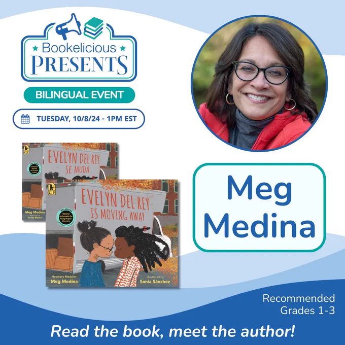 📚 📢 BOOKELICIOUS PRESENTS
Virtual author visits for your students!
✨ MEG MEDINA ✨
https://www.bookelicious.com/bookelicious-presents/
Grades K-6  |  Books  |  Bilingual Events