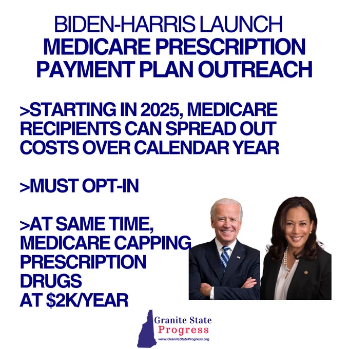 On a white background, dark blue all-caps text reads, “Biden-Harris Launch Medicare Prescription Payment Plan Outreach. > Starting in 2025, Medicare Recipients can spread out costs over calendar year > Must opt-in > At same time, Medicare capping prescription drugs at $2k/year.” On the bottom right corner is a headshot of both President Biden and Vice President Harris. Below, in the center at the bottom is the Granite State Progress logo, the words with a navy blue New Hampshire outline. 