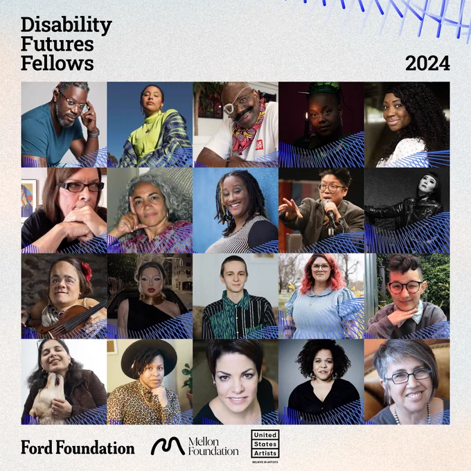 A grid of 20 diverse individuals representing the Disability Futures Fellows 2024. Featuring people with different appearances, attire, and expressions, the image also has text on the left side reading "Disability Futures Fellows 2024" with a blue-and-white abstract background.
