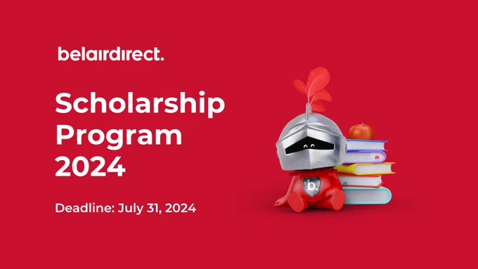 belair little knight mascot sitting next to a stack of books. Text "belairdirect. Scholarship program 2024. Deadline: July 31, 2024."