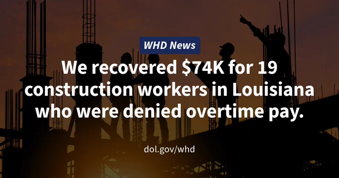 Silhouette of construction workers on scaffolding at sunset with text overlay stating, 'WHD News: We recovered $74K for 19 construction workers in Louisiana who were denied overtime pay. dol.gov/whd'