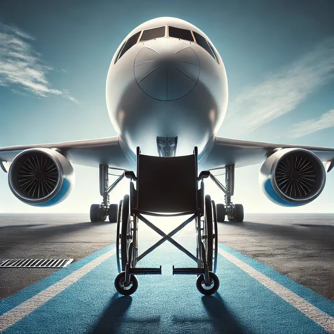 A powerful visual of a modern airplane with a wheelchair icon superimposed in front of the airplane, symbolising the importance of accessibility and inclusive travel for disabled people. The background is a clear blue sky, highlighting the potential for freedom and mobility for all travelers.