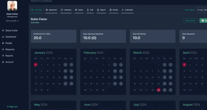 Screenshot of dark mode design for Leavetrack