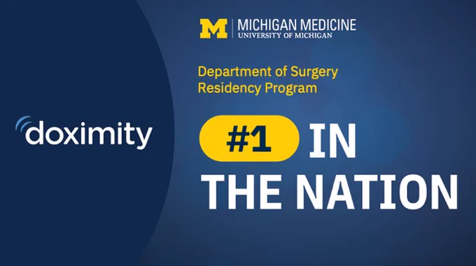 Blue graphic with Doximity logo. Text: Department of Surgery Residency Program -- Number 1 in the nation.