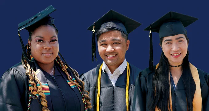 Three graduates in black caps and gowns with stoles and honor cords. 
