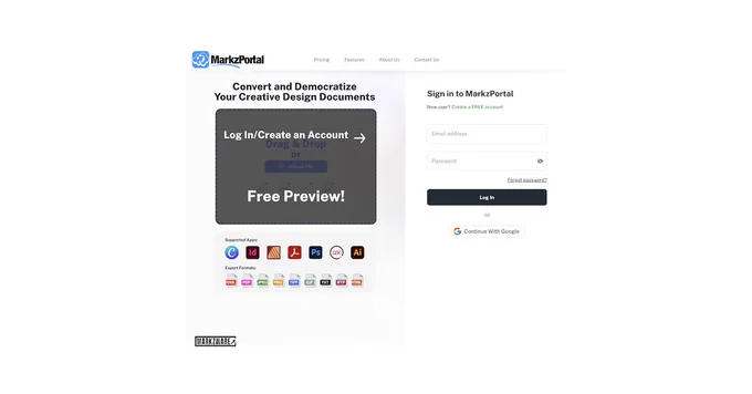 MarkzPortal: "Drag & Drop or" in Blue Text. "Upload File" in White Text on Blue Button. PDF, INDD, AI, & QXP File Icons. "Convert & Democratize Your Creative Design Documents" in Black Text. Canva, InDesign, Affinity Publisher, Acrobat, Photoshop, QuarkXPress, & Illustrator Icons. "Supported Apps:" in Black Text. "Export Formats" in Black Text. IDML, PDF, JPEG, PNG, TIFF, GIF, TXT, RTF, & HTML File Icons.