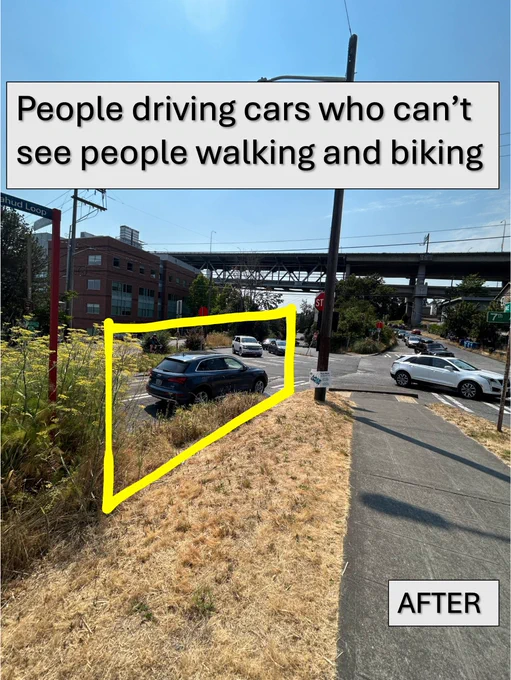 A little weed wacking makes it so people driving can see people walking and biking approach the crosswalk. Way better!