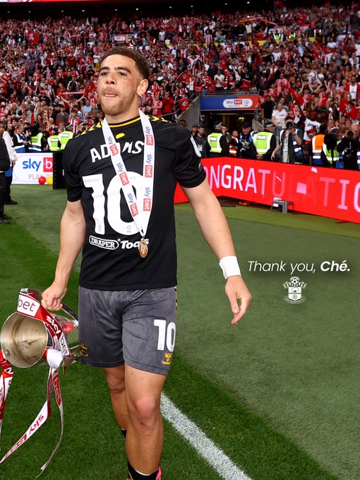 A graphic showing an image of Ché Adams holding the Play-off trophy at Wembley stadium, with the text ‘Thank you, Ché’.