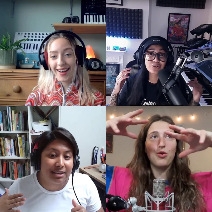 Collage from WIRED Online tutorial videos, featuring producers Sophie Russell, Gnarly, Lillian Frances and Ramera Abraham all talking to the camera in their home studios.
