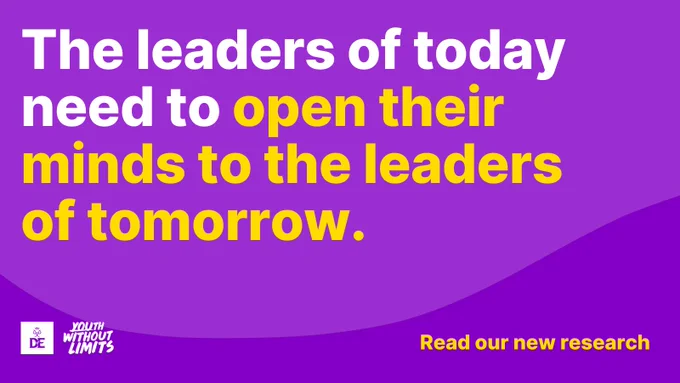 White and yellow text on a purple background that reads: The leaders of today need to open their minds to the leaders of tomorrow. Read our new research