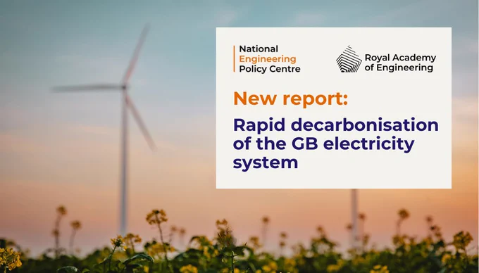 Graphic announcing the National Engineering Policy Centre and Royal Academy of Engineering's new report on the rapid decarbonisation of the GB electricity system, with wind turbines in the background at sunset.