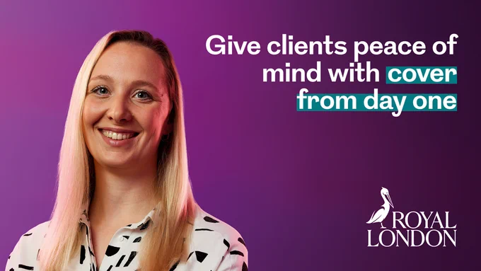 Purple background with women on the left and Royal London logo on the bottom right. The text overlay reads: Give clients peace of mind with cover from day one.