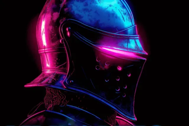 Artwork for A Knight's Tale The Musical depicting a knight's helmet reflecting neon pink and blue lights