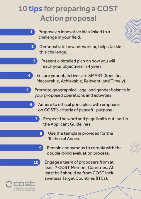 1. Innovative idea
2. Team of 7 proposers
3. Demonstrate how networking helps
4. Present a detailed plan
5. SMART objectives
6. Promote geographical, age & gender balance
7. Adhere to ethical principles
8. Respect word limit
9. Use templates
10. Anonymous