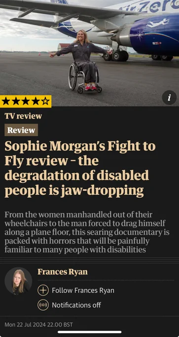 A screenshot of Frances Ryan's 4 star review of the TV programme 'Sophie Morgan's Fight to Fly'