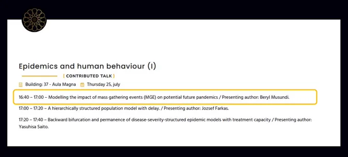 Programm for Thursday, Session "Epidemics and human behaviour", 4:40 pm Talk "Modeling the impact of mass gathering events"