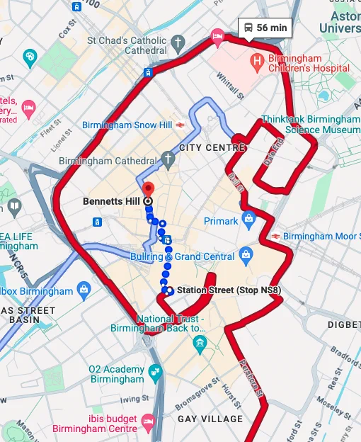 Screenshot of Google Maps, saying I should stay on a bus all the way round the city centre rather than get off at the Arcadian and walk.
