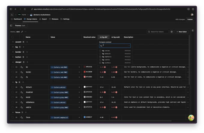 Tabular design token editing showing showing side by side comparison of colors and their contrast ratio for a11y purpose.
