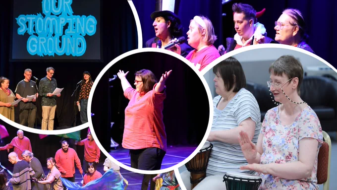 Montage of 5 festival images - (1) 2 learning disabled people playing African drums, (2) four singers from SYMO on mics, (3) a woman standing centre stage arms outstretched in triumph, (4) a stage full of people dancing with various coloured silks at the closing ceremony, and (5) four singers pictured rehearsing the Festival Anthem with a screen image behind reading 'Our Stomping Grounds'.