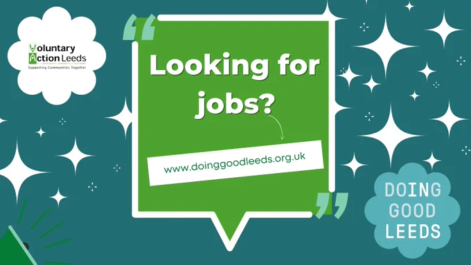 image is blue box with white stars and a green box on.  text in green box asks looking for jobs?