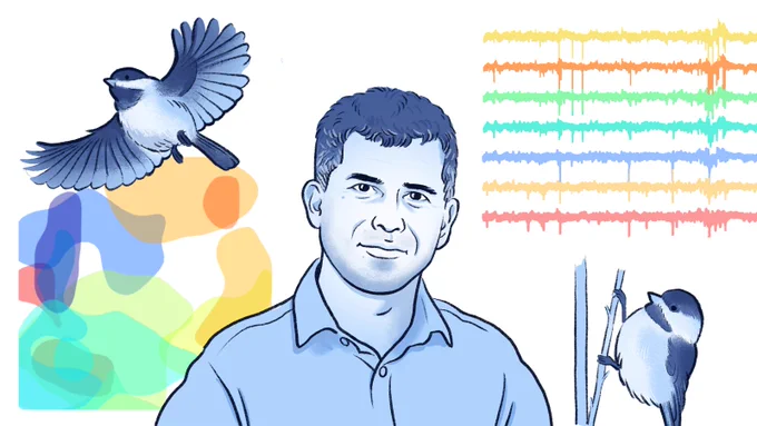 portrait of Dmitriy Aronov with chickadees and neuroscience data in the background