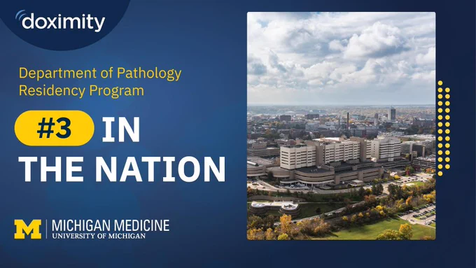 A Michigan Medicine graphic showcasing the Department of Pathology's ranking in the  2024-25 Doximity Residency Navigator ranking. 