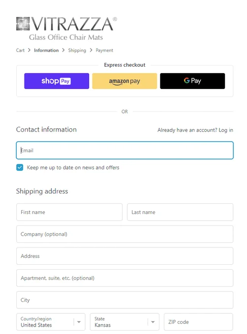 Vitrazza checkout process webpage. The top empty field is labeled Contact Information: email. 