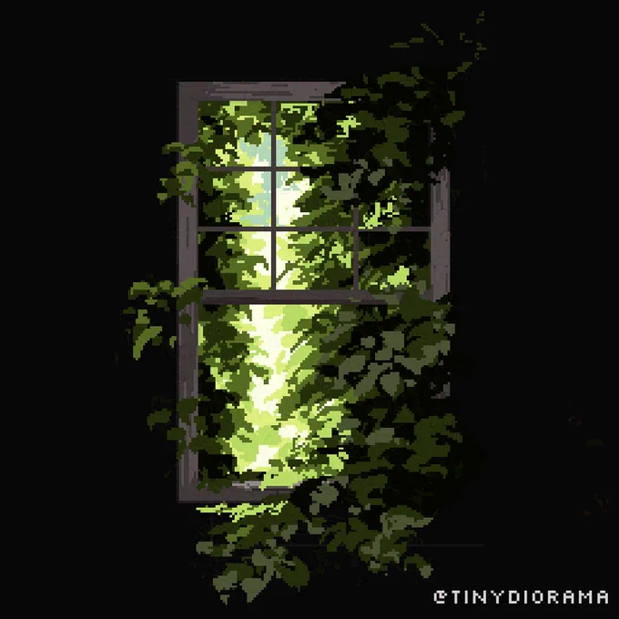 pixel art illustration of a bright window with leaves growing through it