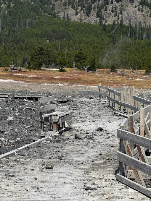 Hydrothermal explosion at Yellowstone's Biscuit Basin damages boardwalk on July 23, 2024. NPS Photo.