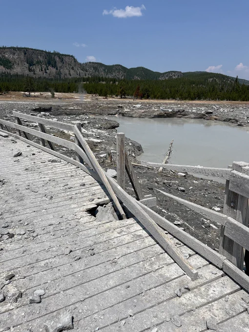 Hydrothermal explosion at Yellowstone's Biscuit Basin damages boardwalk on July 23, 2024. NPS Photo.