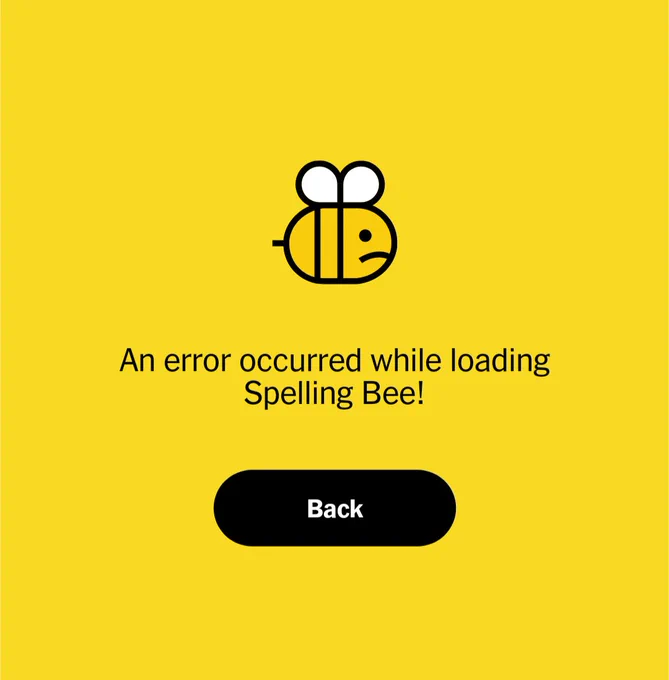 a sad looking NYT Games Spelling Bee bee due to an error loading 