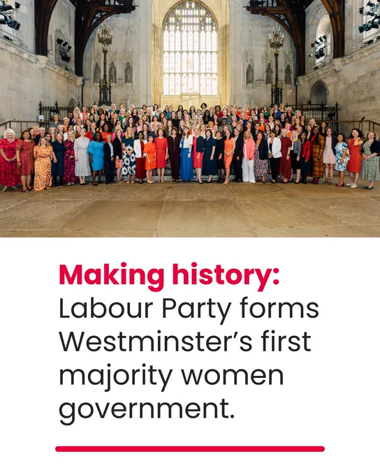A photograph of the Labour Party's women MPs and text reading: Making history: Labour Party forms Westminster's first majority women government. 