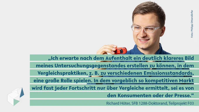 Richard Höter: "Ich erwarte nach dem Aufenthalt ein deutlich klareres Bild meines Untersuchungsgegenstandes erstellen zu können, in dem Vergleichspraktiken, z. B. zu verschiedenen Emissionsstandards, eine große Rolle spielen. In dem vorgeblich so kompetitiven Markt wird fast jeder Fortschritt nur über Vergleiche ermittelt, sei es von den Konsumenten oder der Presse."
Gestaltung: Stephan Kreher