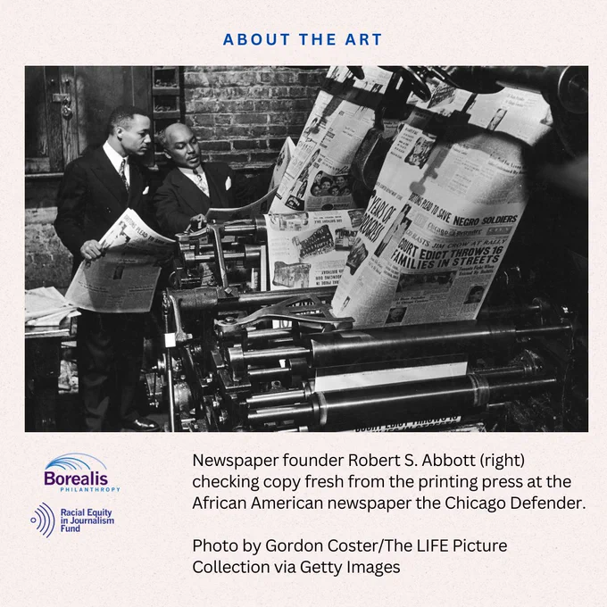 Newspaper founder Robert S. Abbott (right) checking copy fresh from the printing press at the African American newspaper the Chicago Defender. Photo by Gordon Coster/The LIFE Picture Collection via Getty Images