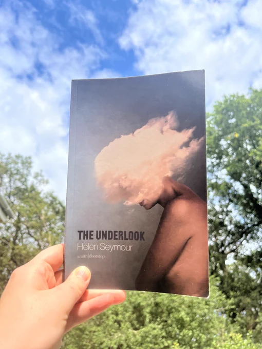 A picture of Helen Heckety's poetry book 'The Underlook' Held up by a white hand. The background is the sky with clouds and the tops of trees. The book cover is a picture of a person with a cloud covering their head. 