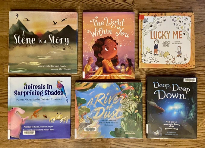Image is a photograph, taken from above, of six picture books in two rows of three on a brown hardwood. The books are as follows: A STONE IS A STORY, THE LIGHT WITHIN YOU, LUCKY ME, ANIMALS IN SURPRISING SHADES, A RIVER OF DUST, and DEEP, DEEP DOWN.